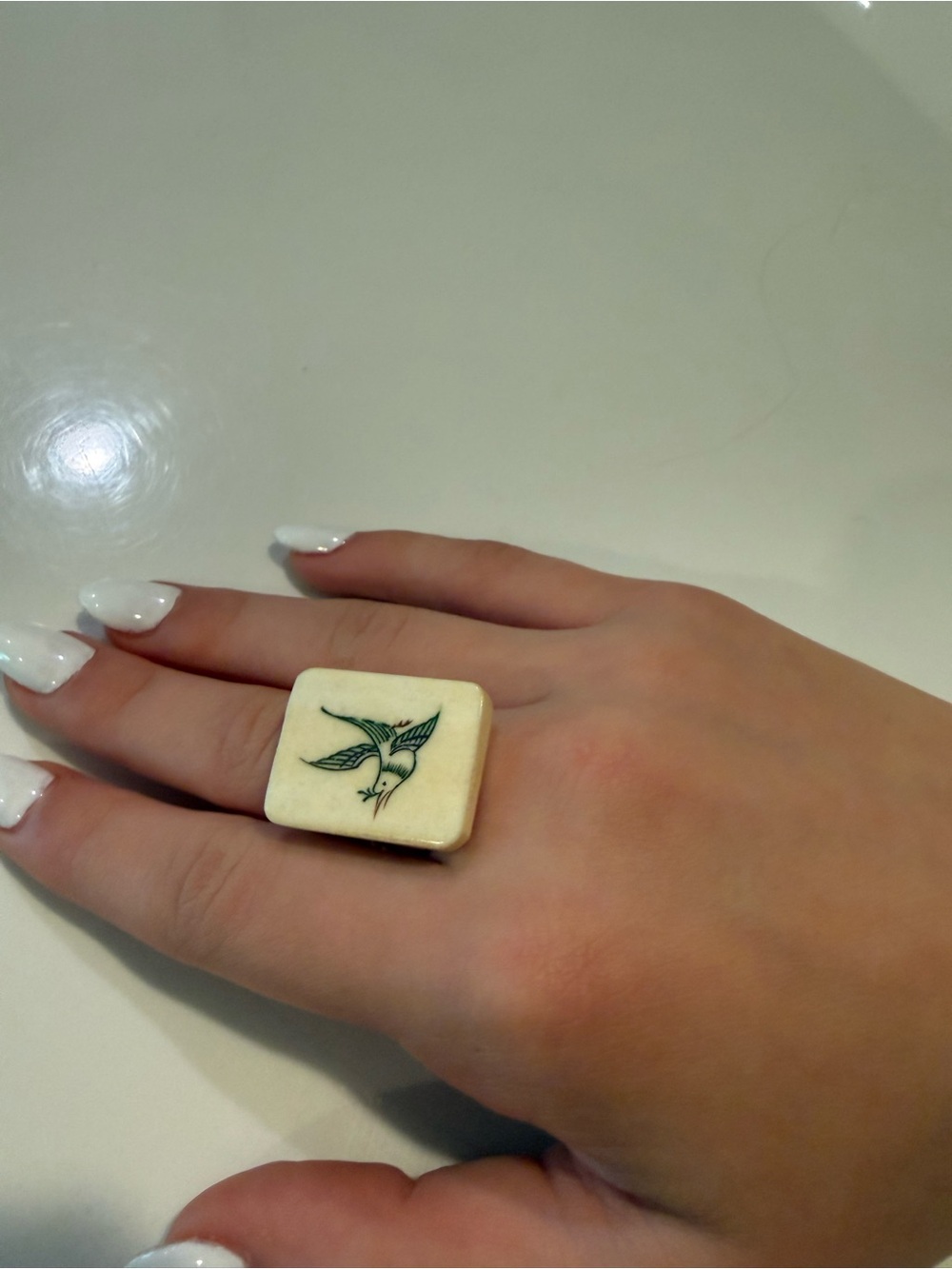 Vintage Mah Jong tile Bird Ring